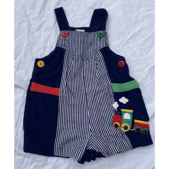 Vintage 70s 80s Boys Sz 18 Month Baby Railroad Stripe Overalls Train Buttons - Picture 2 of 15